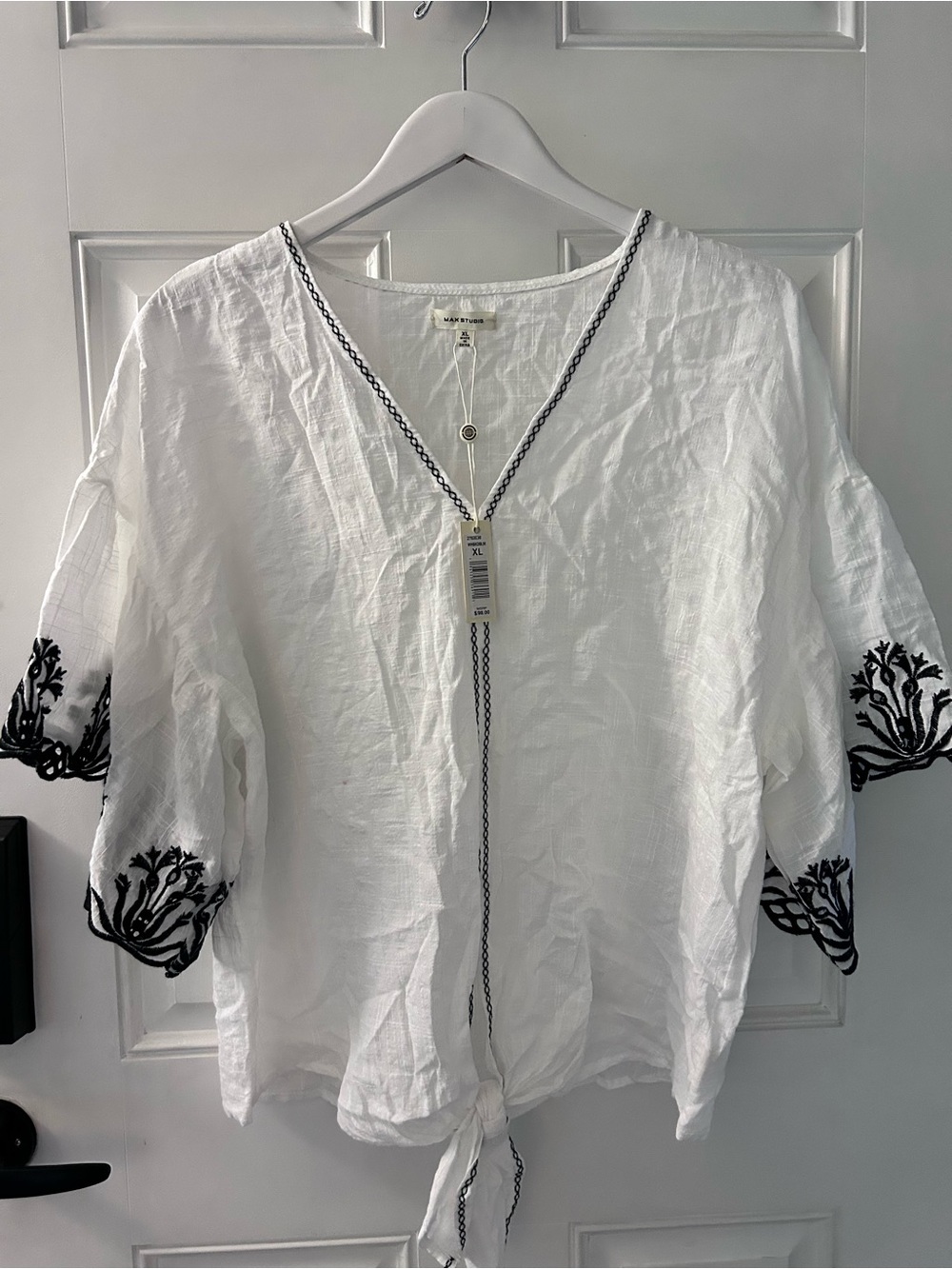 Max Studio White V-Neck Tie-Front Blouse with Black Embroidery